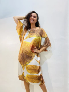 Vestido T Curto Cetim Folhas Douradas - ALESSA