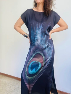 Vestido Kaftan Longo Cetim Pavão Preto