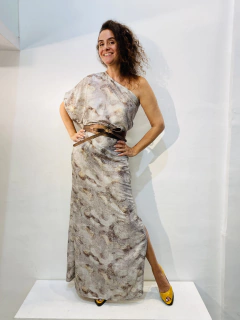 Vestido Morcego Ombro Só Longo Paetê Branco Cobre - ALESSA