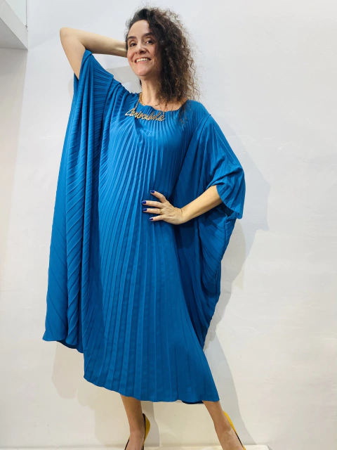 Vestido Plissado Curto Crepe Azul Piscina