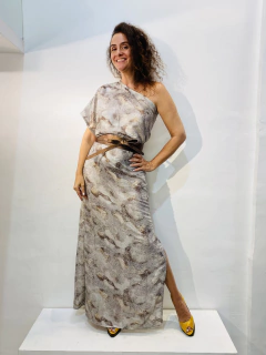 Vestido Morcego Ombro Só Longo Paetê Branco Cobre - online store