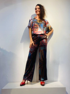 Calça Reta Malha Metalizada Paul Klee Rosa - ALESSA