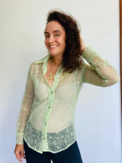 Camisa Social Renda Floral Pistache