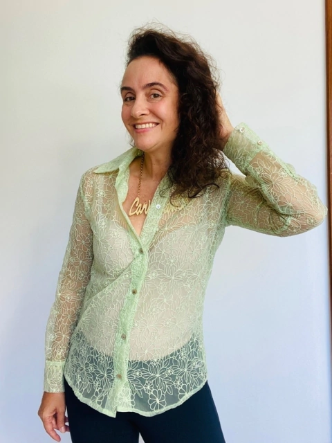 Camisa Social Renda Floral Pistache