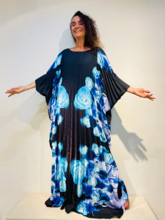 Vestido Plissado Longo Crepe Rosa Azul - ALESSA