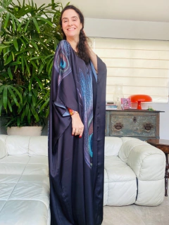 Vestido Maxi Longo Cetim Pavão Preto - ALESSA