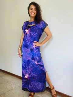Image of Vestido Kaftan Longo Cetim Orquídea Roxo
