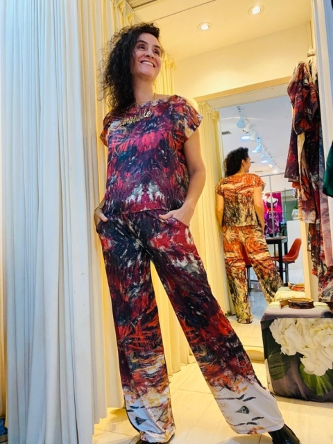 Calça Reta Jersey Monet Vermelho