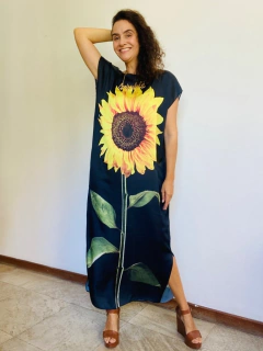 Vestido Kaftan Longo Cetim Girassol
