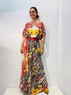 Vestido Morcego Plissado longo Cetim/Crepe Cactus - ALESSA