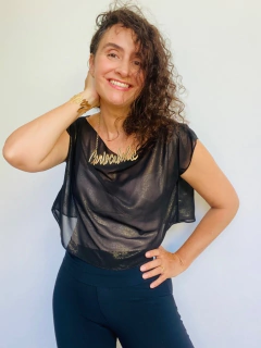 Camiseta Cropped Chiffon Preto com Dourado - ALESSA