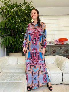 Vestido Chemise Longo Crepe Paul Klee Rosa - ALESSA