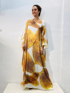 Vestido Maxi Longo Cetim Folha Dourada