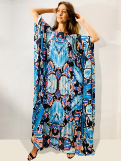 Vestido Maxi Longo Plissado Crepe Folhagem Azul na internet