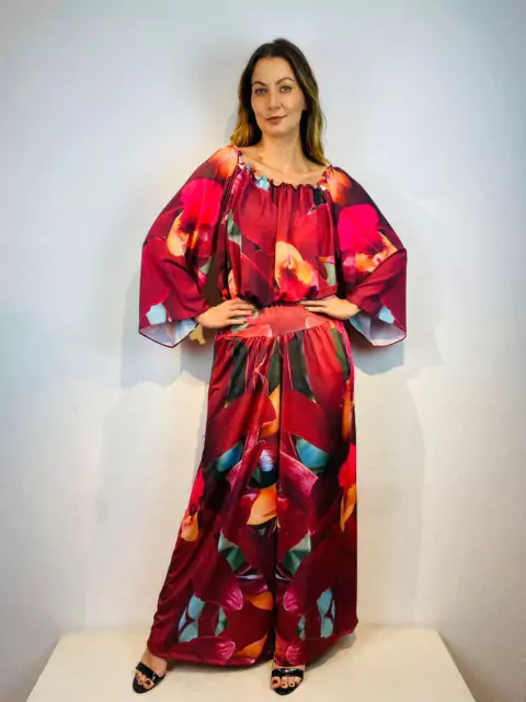 Calça Evase Jersey Orquidea Vermelho