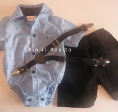 Set Fiesta Cumpleaños body camisa bermuda gabardina negra y tiradores