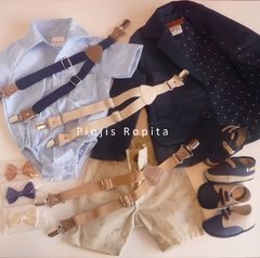 Set Traje bautismo saco blazer body camisa bermuda zapatos moños y tiradores