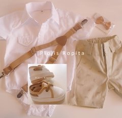 Set conjunto bautismo body camisa bermuda zapatos moños y tiradores