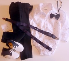Set conjunto traje bautismo pantalon body camisa manga larga zapatos moño y tiradores