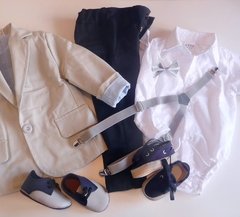 Set conjunto traje bautismo body camisa pantalon blazer zapatos moño y tiradores