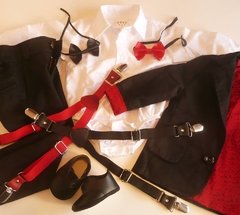 Set conjunto traje bautismo pantalon body camisa blazer zapatos moño y tiradores