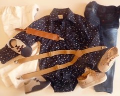 Set conjunto traje bautismo pantalon o jean body camisa blanco zapatos porta chupetes y tiradores