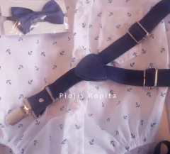 Set conjunto traje bautismo marinero body camisa blazer pantalon zapatos moño y tiradores - Piojis Ropita Importada