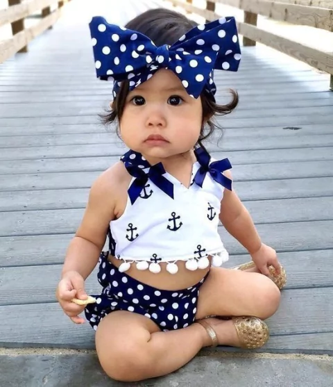 Set Conjunto Importado Beba Marinerita 3p Blusa con Anclas Vincha a lunares con moño y bombachudo