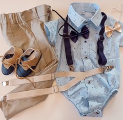 Traje para bautismo fiesta bodycamisa pantalon gabardina tirador moño zapatos