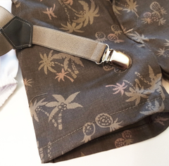 Set fiesta bautismo bermuda marron body camisa blanco y tiradores - tienda online