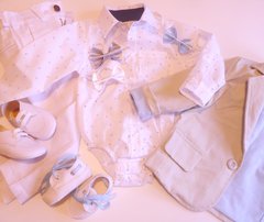 Set conjunto traje bautismo body camisa pantalon blazer zapatos y moño
