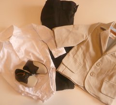 Set conjunto traje bautismo body camisa pantalon blazer saco beige y zapatos