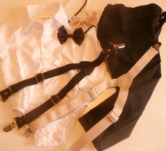 Set conjunto traje bautismo body camisa blanco liso pantalon moño y tiradores