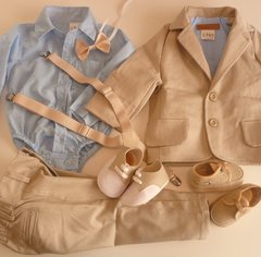 Set conjunto traje bautismo pantalon body camisa blazer zapatos moño y tiradores