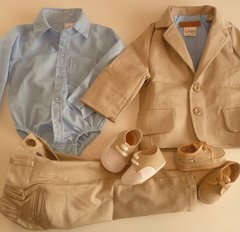 Set conjunto traje bautismo body camisa pantalon blazer saco beige y zapatos