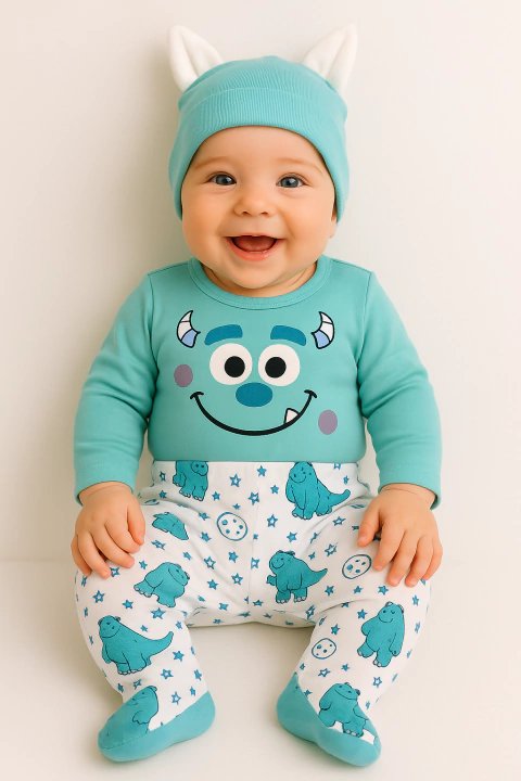Set conjunto ajuar Sulley Sulivan body manga larga pantalon ranita y gorrito c orejas unisex - comprar online
