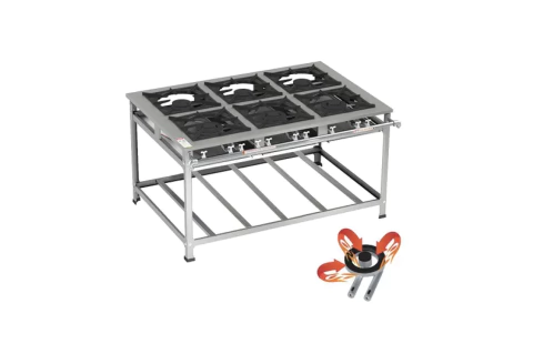 Fogão 6 Bocas Baixa Pressão 30x30 3QS/3QD INOX - Queimador Triplo e Mesa Estampada Itajobi Fogões