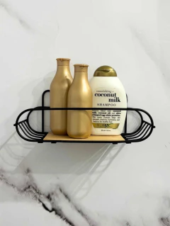 ESTANTE ADHESIVO METAL Y BAMBU NEGRO - comprar online