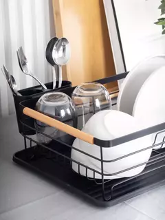 ESCURRIDOR DE PLATOS NEGRO CON ASAS DE MADERA - comprar online