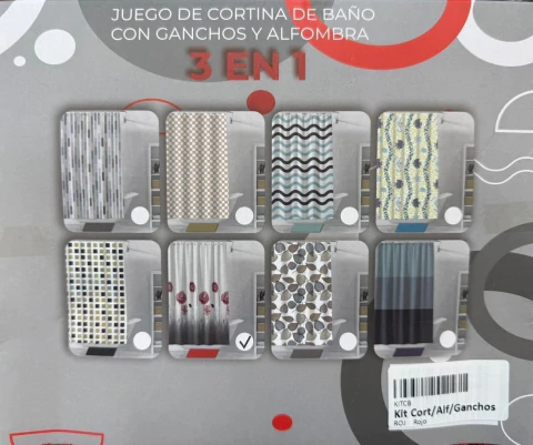 KIT Cortina de baño PVC + Alfombra + Ganchos al tono
