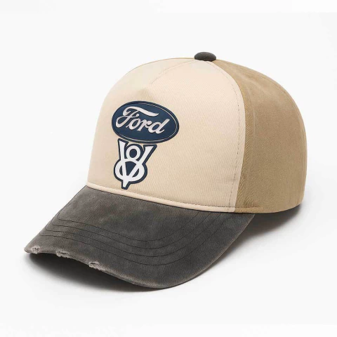Gorra Ford V8 prelavada vicera gris, frente beige lateral habano silicona 3D