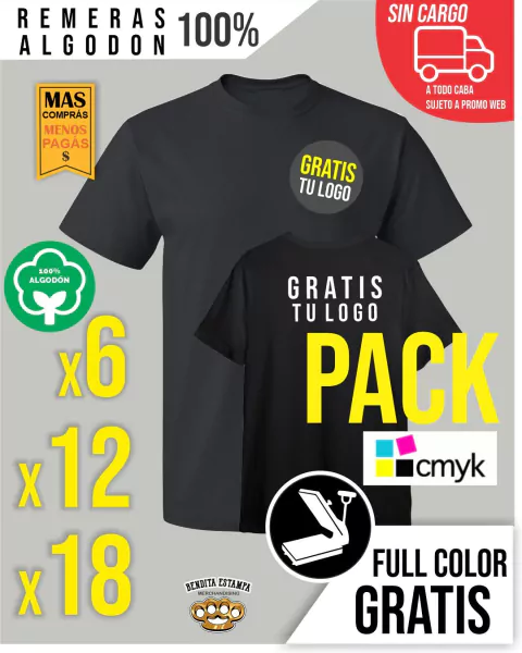 Pack Remeras Negras Algodon Super Premium Estampa Frente y dorso envio Gratis caba!!