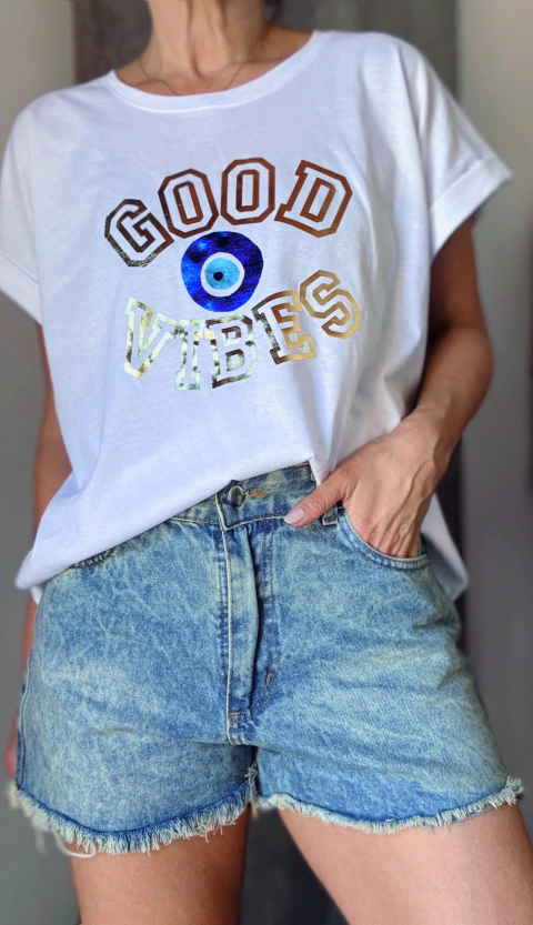 Remera Manga china Good vibes foil