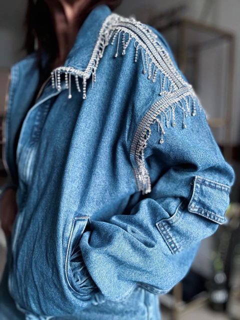 Bomber Denim flecos strass