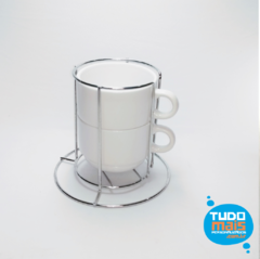 Xícara Cerâmica 150ML - Branco Kit 2 pças c/ Suporte Metal - Tudo Mais Personalizados.