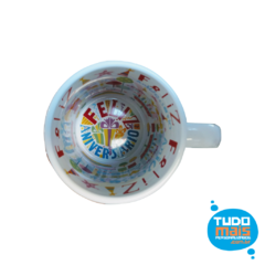 Caneca Cerâmica branca Interior Feliz Aniversário 325ml