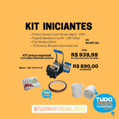 KIT Prensa Cilíndrica (Prensa Cilíndrica + Papel Sublimático LIVE + Fita Térmica + 12 Canecas LIVE)