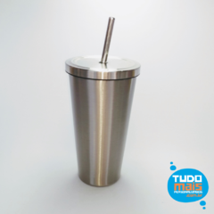 Copo de Aço Inox com tampa e canudo 550ml Prata