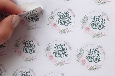 STICKERS FELIZ DIA DE LA MADRE HOJAS ROSA X 9 UNIDADES
