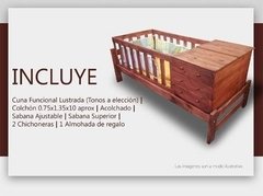 Cama Cuna Funcional Turquita Lustrada + Colchon + Acolchado(COMBO DE CUNA Nº 2) - DIR-TEX